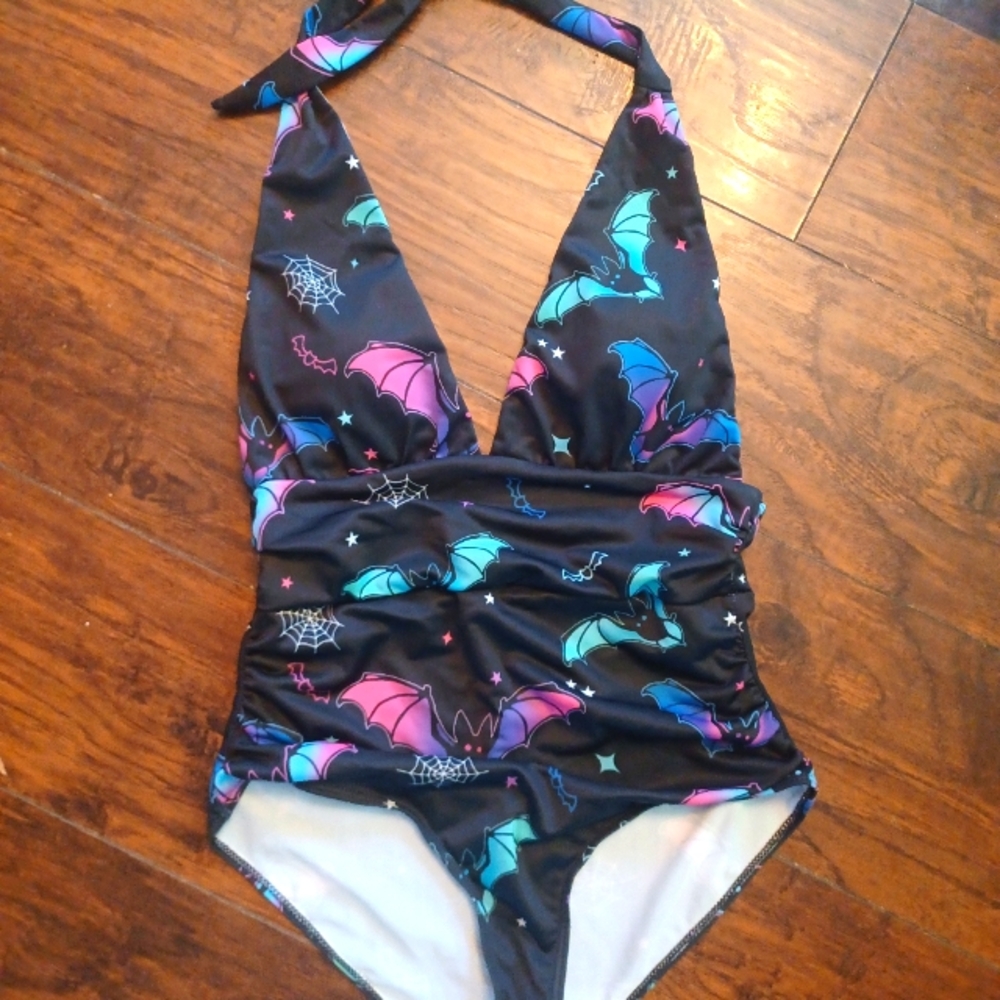 Killstar Black One-Piece Swimsuit with Pink, Teal & Blue Bat Print